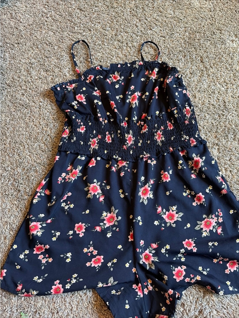 Floral Navy Smocked Waist Romper with Pink Blooms